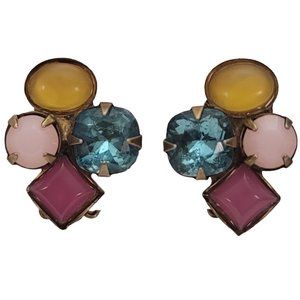 Sorrelli Gold Tone Pink Yellow Blue Glass Cluster Clip-On Earrings, Signed E337